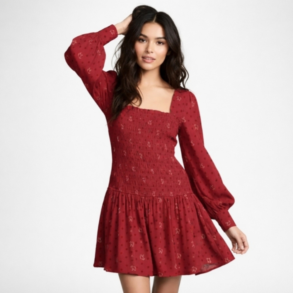0812 Free People Smocked body Balloon longsleeve mini dress